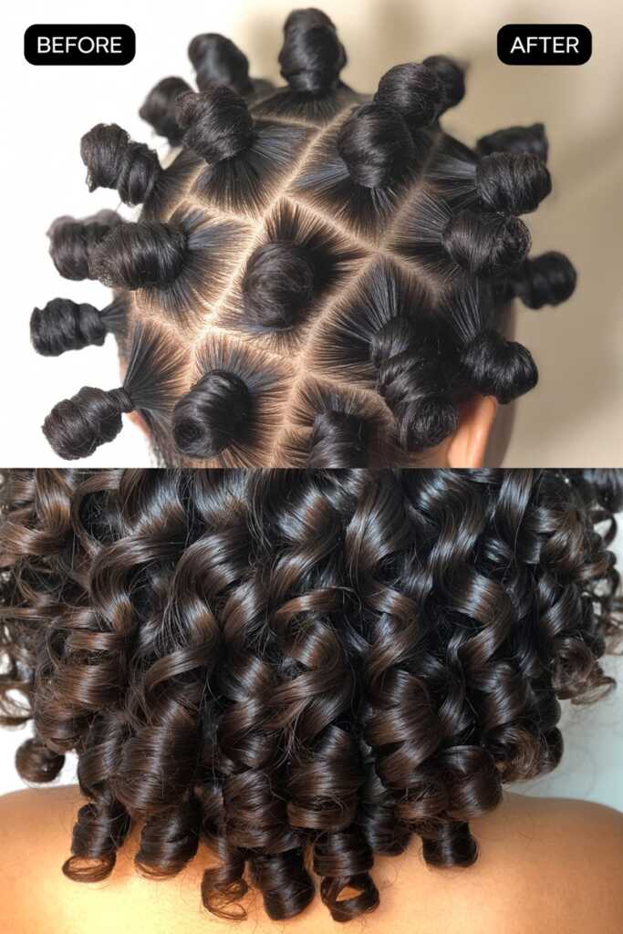 beforeafter photo of Bantu knots and resulting Bantu knot out on 4A hair