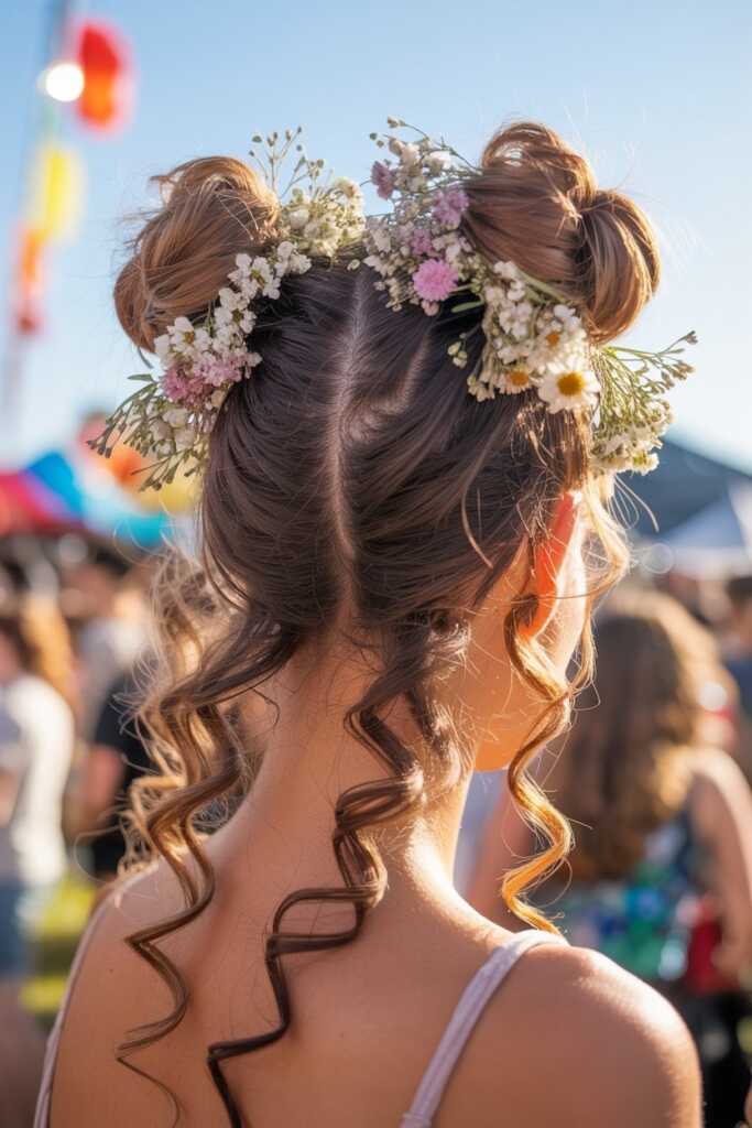 festival photo of space buns with 3A loose curls and flower accessories