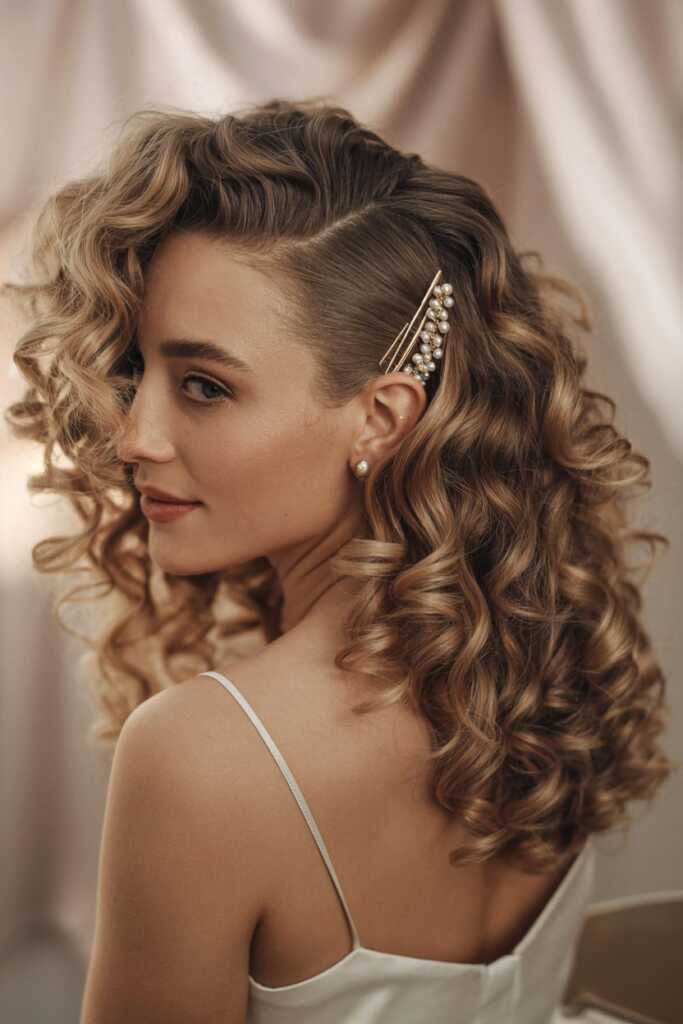 glamour photo of side-swept 2C curls with decorative pin