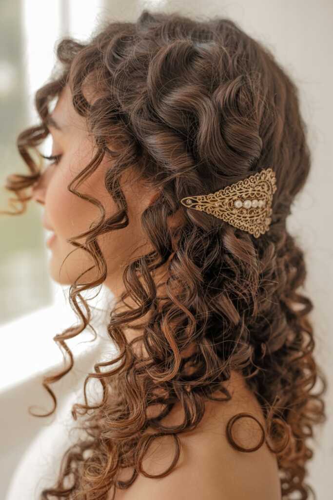 photo of 3C curls in half-up half-down style with decorative clip