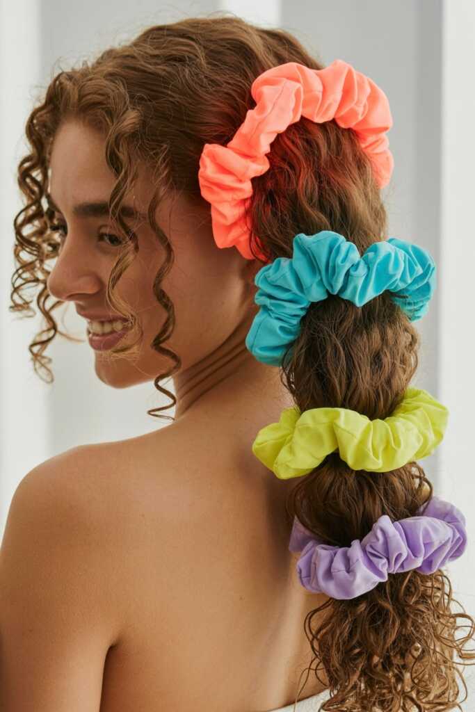 photo of bubble ponytail on 3B curls with colorful scrunchies