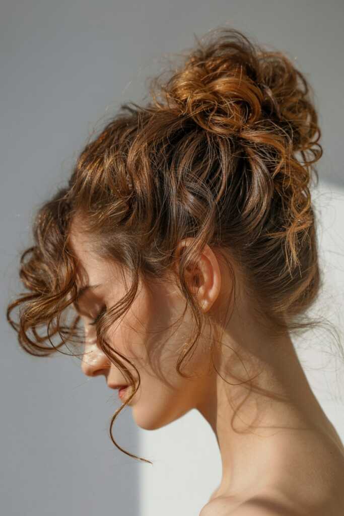 photo of curly messy bun with face-framing tendrils