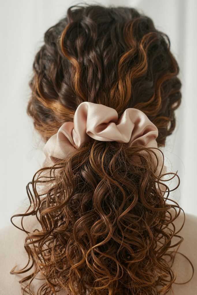 photo of pineapple ponytail on 3B curls with satin scrunchie